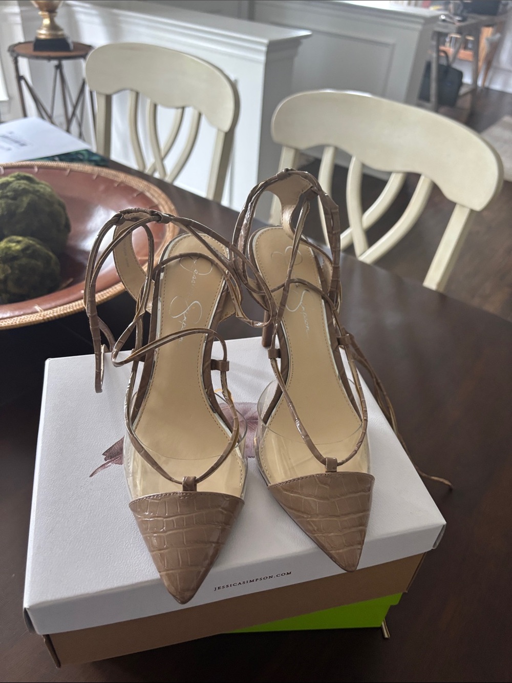 Jessica Simpson Taupe Croc-Embossed Pointed Toe Lace-Up Heels